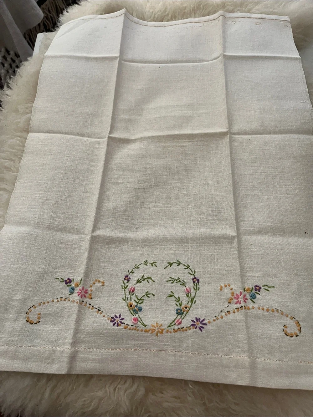 Embroidered Floral Linen Towel in White with Multicolor Flowers
